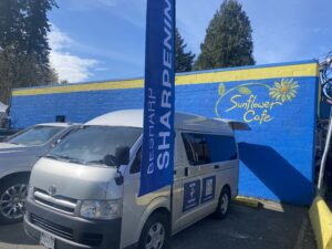 BeSharp Sharpening van (with feather flag) at Sunflower Cafe, 12310 Beecher, Surrey, BC