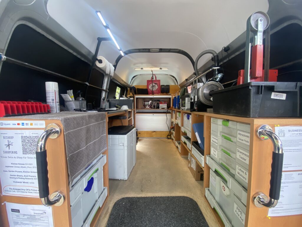 Inside the BeSharp Sharpening van.